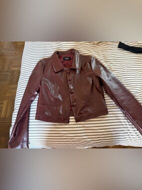 Cider Faux Leather Button-Front Jacket in Burgundy